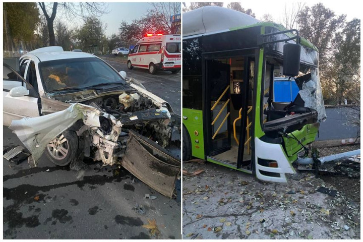 В Ташкенте при столкновении автобуса и легкового автомобиля пострадал пассажир – фото, видео