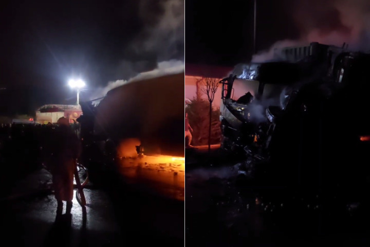 В Самарканде столкнулись и сгорели две фуры - видео