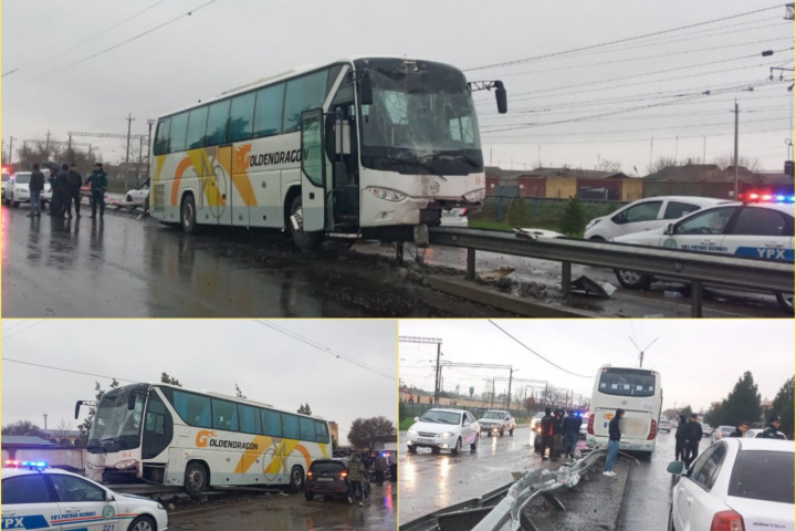 В Сырдарьинской области автобус «влетел» на разделительное дорожное ограждение