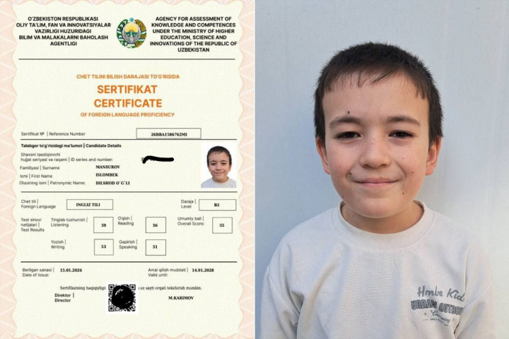 ⚡️В Навои ученик 5-го класса получил сертификат уровня B2