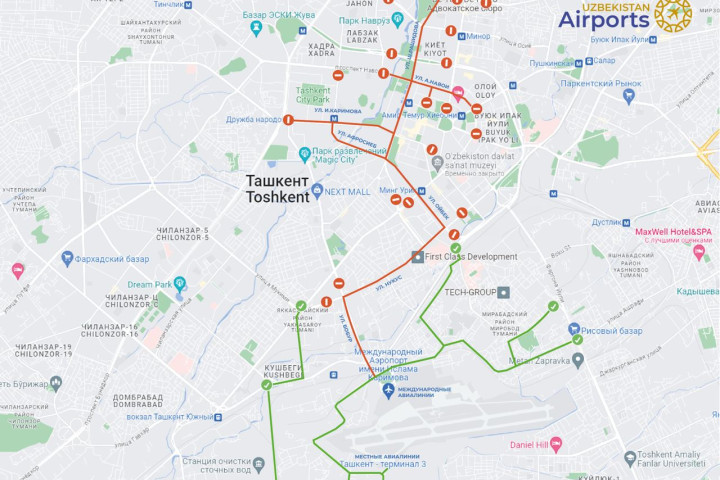 Опубликована карта с объездными путями к международному аэропорту «Ташкент» на 8-10 ноября